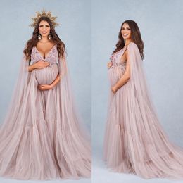 V Neck Maternity Dress for Photo Shoot Tulle Prom Dresses with Wrap Flowers Baby Shower Gowns Party vestido de novia