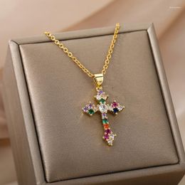 Pendant Necklaces Colourful Cross Zircon Necklace For Women Stainless Steel Gold Moon Crystal Gothic VIntage Boho JewerlyPendant Sidn22