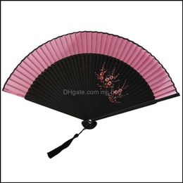 Party Favor Event Supplies Festive Home Garden Chinese Style Plum Chiffon Fabric Folding Fan Dance Wedding Hand Held Flower Women Po Prop