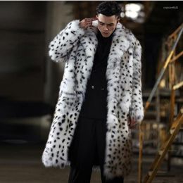 Long Section Men Leopard Print Oversized Jackets Turn Down Collar Male Imitation Fur Outwears Mixed Colour Winter Coats J3215