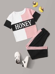 Toddler Girls Color-block Letter Graphic Tee With Leggings SHE