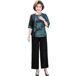 Women's Two Piece Pants Mother Summer Half Sleeve T-shirt Tops Wide-Leg Middle-aged Women Clothes Pieces Of Suits Female Age 2 SetWomen's