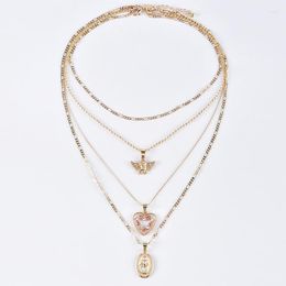 Pendant Necklaces SHUANGR Women Necklace Angel Heart Pink Crystal Clavicle Chain Multi-layer Gold Set Party Jewelry Gift