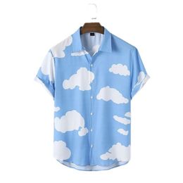 Men's Casual Shirts Men's Hawaiian Blue Sky White Clouds Simple Print Clothing Male Ladies Travel Party Clothes Oversized230f