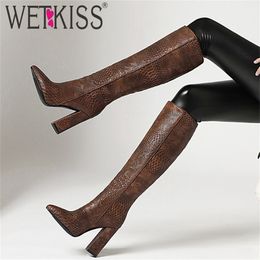 WETKISS Pu Snakeskin Women Knee Thick High Heels Pointed Toe Female Shoes Ladies Warm Winter Boots 201112