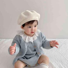 2022 spring clothing infant baby sweater round neck solid Colour cotton yarn knitted romper Coat two-piece suit girl clothes G220510