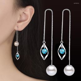 Est 925 Sterling Silver Fashion Elegant Temperament Delicate Twist Leaf Linked Pearl Drop Earrings For Women Girls 3Y1159 Dangle & Chandelie