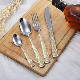 Dinnerware Sets Luxury Stainless Steel Cutlery Set Flower Kits Bronzing Silver Steak Knife Fork Dessert Spoon Outdoor TablewareDinnerware
