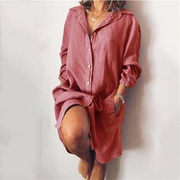 Summer Cotton Linen Womens Shirt Dress Long Sleeve Solid White Female Dresses Spring Fashion Casual Loose Ladies Clothes 220808