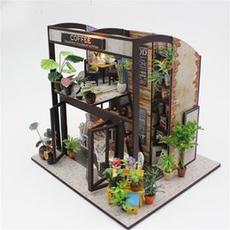 Home Decor Figurine DIY Coffee House Wood Miniature Model Kits Decoration Dollhouse Birthday Gift for Girl T200827