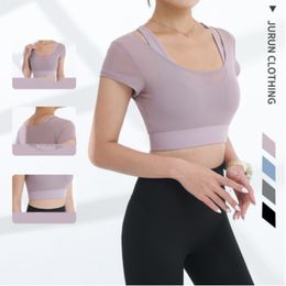 lu summer yoga clothes short-sleeved fitness sports running mesh sweat-absorbing fake two-piece gathered underwear bra