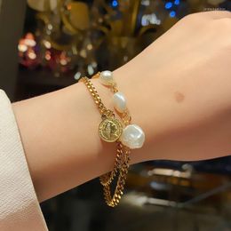 Link Chain Vintage Gold Cuban Titanium Steel Round Brand Pearl Bracelets Female Korean Douple Layer Bracelet Jeweley Gift
