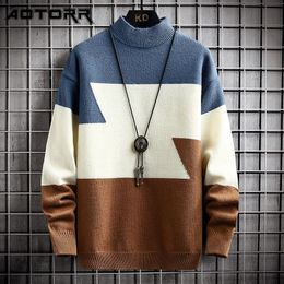 2022 Autumn Sweater Mens Fashion Patchwork Half turtleneck Winter Thick Casual Pullover Men O-neck Knitted Sweaters L220801