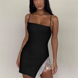 KLALIEN Tassel Sexy Solid Strapless Sleeveless Patchwork Bodycon Dress Summer Fashion Elegant Senior Club Party Mini Dress 220406