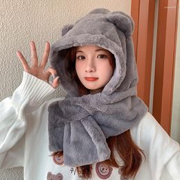 Beanie/Skull Caps Fashion Bear Ears Hat Scarf One Piece Set Winter Cute Hats For Women Outdoor Warm Thicken Cashmere Beanies Girls Wool Pros