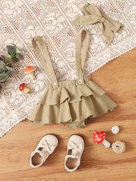 Baby Solid Layered Hem Overall Dress With Headband SHE