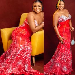 Plus Size Arabic Aso Ebi Red Mermaid Sparkly Prom Dresses Sheer Neck Evening Formal Party Second Reception Birthday Engagement Gowns Dress Zj507 407