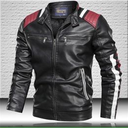 Men's Leather Jackets High Quality Stand Collar Jacket Leather Men Patchwork Motorcycle Winter Coat Mens Biker Jacket 201126