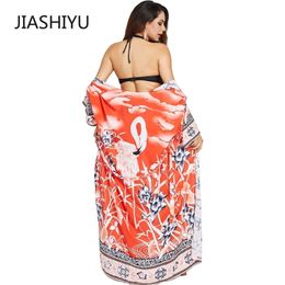 CHILI GIRL Oversize Beach Cover Up Kimono Vintage Print Floral Holiday Bikini Outing Boho Loose Long Cardigan Orange Covers 220408