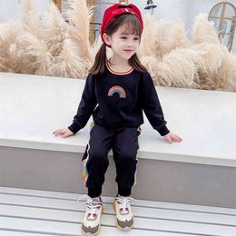 Girls Sport Clothes Rainbow Sweatshirt Pants Clothing For Girls Patchwork Girls Tracksuit Casual Style Children's Clothes 210412
