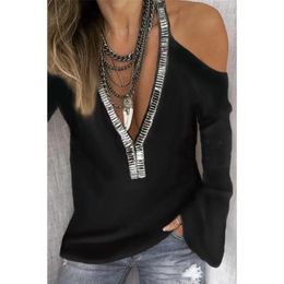 Sexy Deep V-Neck Off Shoulder Sequins Splicing T-shirt Autumn Women Hollow Out Long Sleeve Pullover Black Top Fashion Streetwea 220511