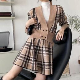 Women's Knits & Tees Two Pieces Sets Women V-Neck Long Sleeve Vintage Korean Fashion Casual A-Line Skirt And Sweater Cardigan Outfits Suit M