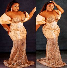 2022 Plus Size Arabic Aso Ebi Gold Mermaid Sparkly Prom Dresses Beaded Crystals Evening Formal Party Second Reception Birthday Engagement Gowns Dress ZJ330