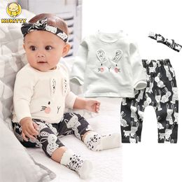 3Pcs born Baby Girl Clothes Set Cartoon Rabbit Pattern Long Sleeve T-shirt+Casual Pants+Headband Infant Clothing Outfits 220509