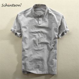 2019 Schinteon Men Casual Cotton Linen Shirt Summer Solid Colour Thin Short Sleeve Stand Colour T200505