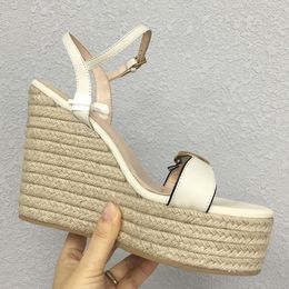 summer wedge Sandals Top quality Genuine Leather Classics buckle Front Rear Strap shoes 13CM heels Platform Designer summer Sandal for Women 4-11 with box