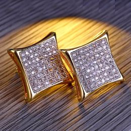 earrings jewelry Canada - Stud Men's Hip Hop Earring Gold Color Copper Material Micro Pave Rhinestone Bling Out Square Men Rock Jewelry ScrewStudStud