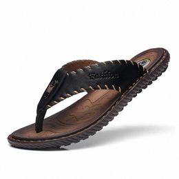 Neue Marke handgefertigte Qualitätsankunft High Pantoffers Cow Echt Leder Sommerschuhe Mode Männer Strand Sandalen Flip Flops M2GD 32