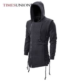 Hoodies Men Fashion Hooded Loose Coat Zipper with Side Lashing Crossed Plus Size Sweatshirt 220406