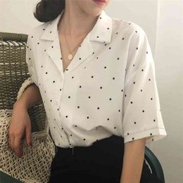 Women Blouse Polka Dot Shirt Summer Short Sleeve V Neck Casual Elegant Print Tops Female Clothing White Shirts #366 210326