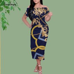 Noisydesigns Elegant Women Dress Floral Printed Blue Eurpoen Big Size 4XL Summer Female Lady Beach Golden Vestidos Dropship 220627