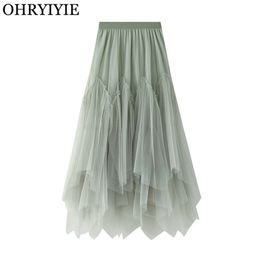 OHRYIYIE Women irregular Long Tulle Skirts Ladies High Waist Ankle-Length Tutu Maxi Beige Green Female Faldas Jupe Femme 220322