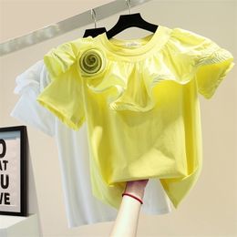 Women's Tshirt Summer Korean Style Loose Shirt Fashion Design ThreeDimensional Ruffled Flowers Casual Short Sleeve Tshirt T200512