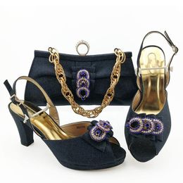 Sandals High Quality D.blue Women Dress Shoes Match Handbag With Rhinestone Style African Pumps And Bag Set For Party MM1096,heel 8.5CM