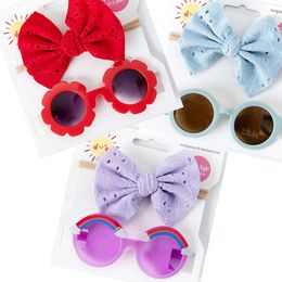 2pcs/set Baby Travel Seaside Accessories Sun Glasses Kids Bow Nylon Turban and Boho Glasses Set Children Smmer Headwear Set