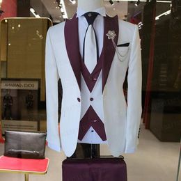 Men's Suits & Blazers Costume Homme Italian Business Slim Fit 3 Pieces Claret For Men Groom Prom Tuxedos Groomsmen Blazer Sets WeddingMen's