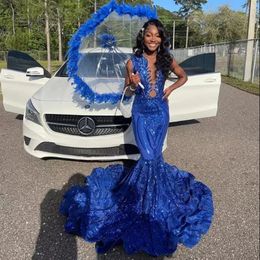 Sparking Royal Blue Sequined Prom Dresses Sheer O Neck African Women Party Birthday Gown Mermaid Evening Dress Aso Ebi Styles