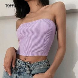 Toppies Sexy Cropped Tube Tops Woman Ribbed Knitted Strapless Off Shoulder Slim Vest Tank 220318