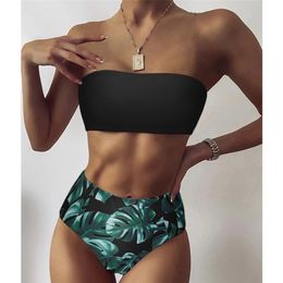 Sexy Floral Bikini Set Swimsuit Mujer High Waist Bathing Suit Black Swimwear Women Push-Up Leaf Bandeau Brazilian Biquini 220504