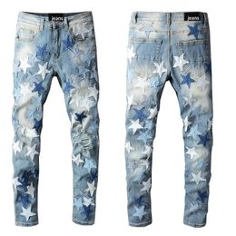 -Jeans High Street Men's Leather Star Trend Jeans Top Craft Stretch Designer Slim Pants