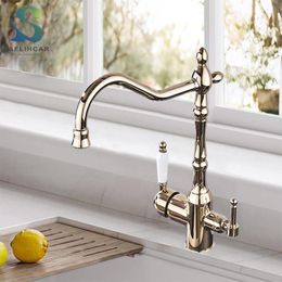 Kitchen Faucets Golden Luxury Pure Water Sink Faucet Two Ceramic Handles Purification And Cold Mixer Taps Deck Mounted