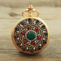 Chains Blucome Vintage Pocket Watch Red Ancient Face Rhinestone Green Edge Quartz Nostalgic Jewelry WatchChains