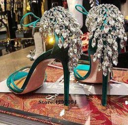 Vinapobo New Design Crystal Rhinestone Fringe Women Sandals Fashion green Pattern Leather Open Toe Stiletto Heels Ladies Shoes220513