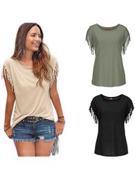 Summer Short Sleeve Tassel Fashion T Shirts T-shirt Woman Simple Crew Neck Basic Tops Leisure Ladies Streetwear Solid Tees