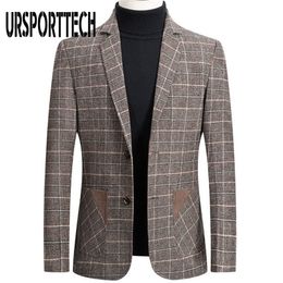 URSPORTTECH High Quality Brand Mens Blazer Jacket Men's Suit Jacket Fashion Plaid Print Slim Fit Warm Blazer Coat Male Plus Size 220409