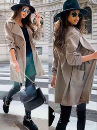 Women's Trench Coats Office Lady Overcoat 2022 Fashion Turn-down Collar Drawstring Medium And Long Windbreaker Coat